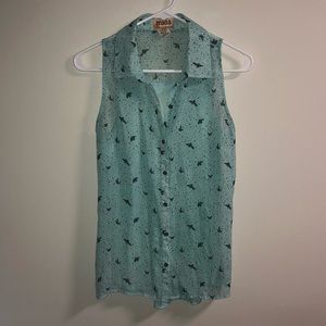 Teal with black birds button down tank